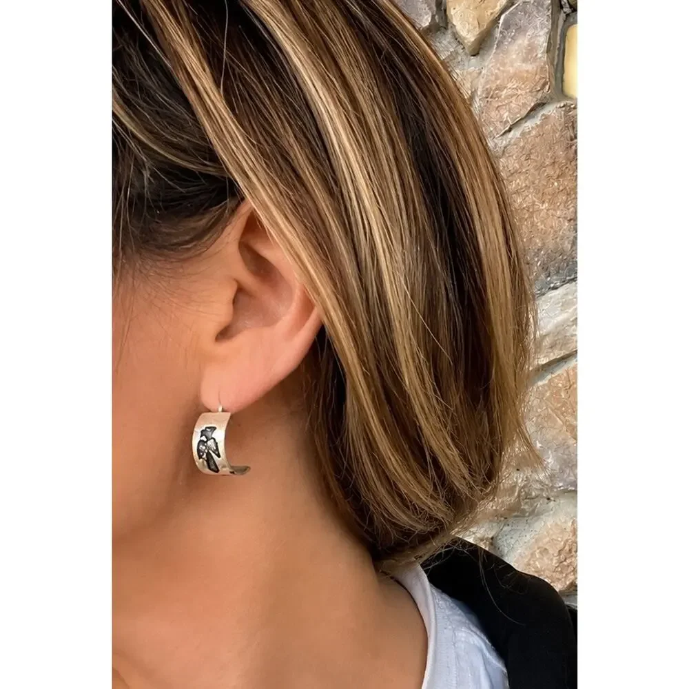 Vintage Navajo Sterling Silver Thunderbird Half Hoop Earrings Signed CT Native